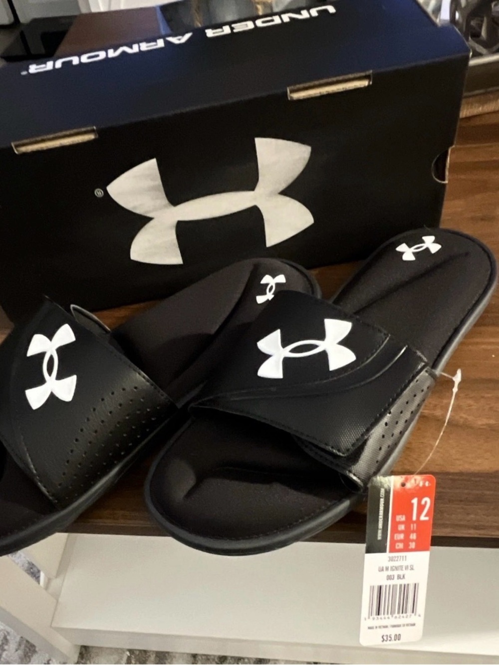 Under Armour Black Slide Sandals with White Logo - Kids